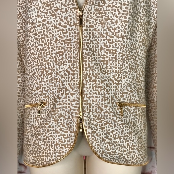 ESCADA M Tan & Cream print Gold Zipper detail Moto vibe Size EU 44 jacket blazer - Picture 13 of 16